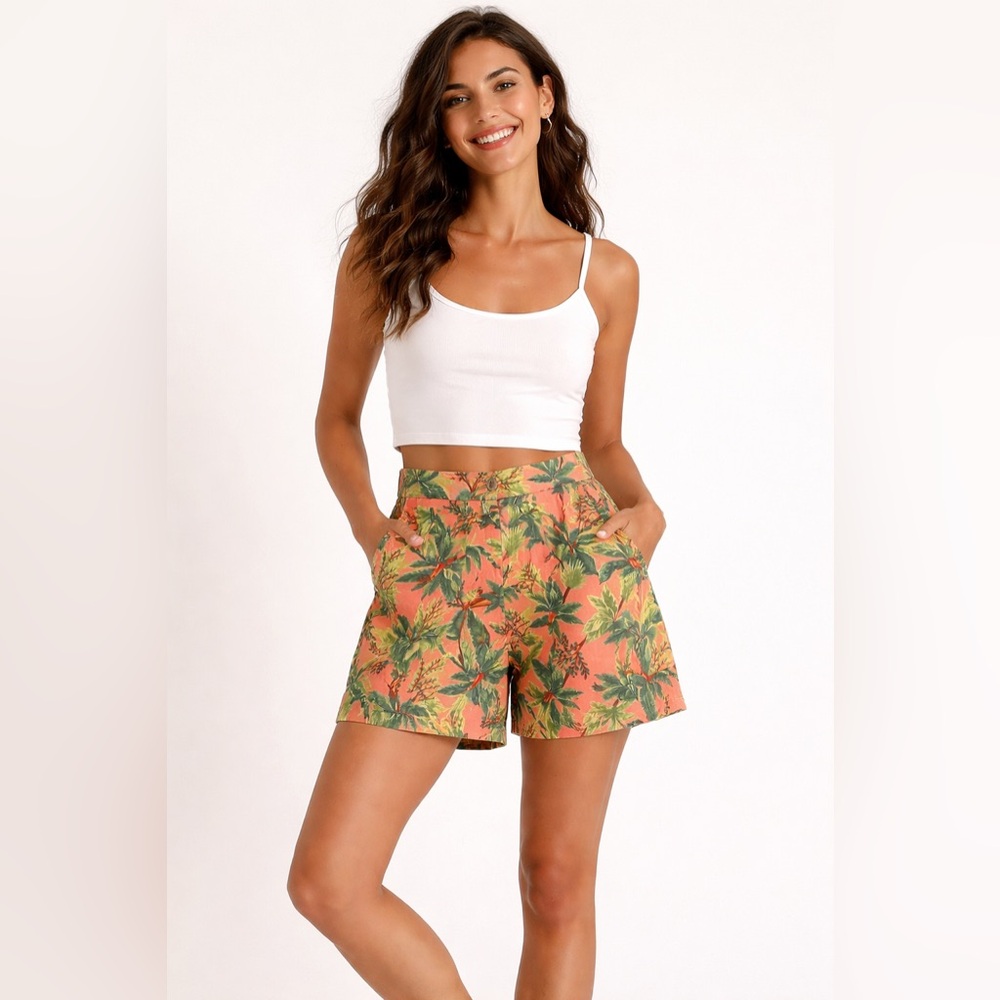 Monteau Los Angeles Tropical Bird Print Linen Blend High Waist Shorts L